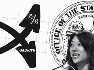 Up arrow representing increasing inflation and down arrow representing decreasing growth, Fiona Ma and State Treasurer Seal