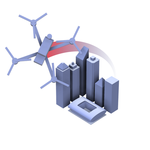 A drone flying over a city skyline, representing advanced risk assessment for urban drone operations and regulatory complianc