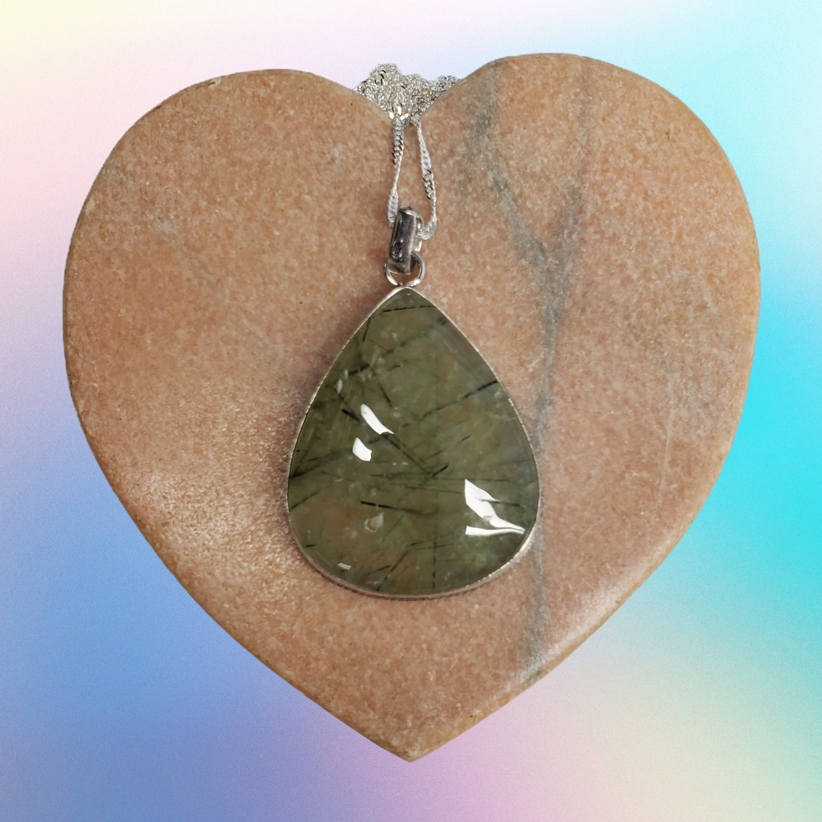 Moss Prehnite 925 Silver Plated Gemstone Handmade Pendant 2.5"