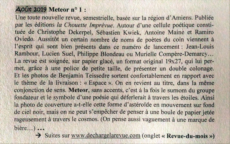 Article de Jacmo (Décharge) sur le numéro 1 de la revue METEOR.