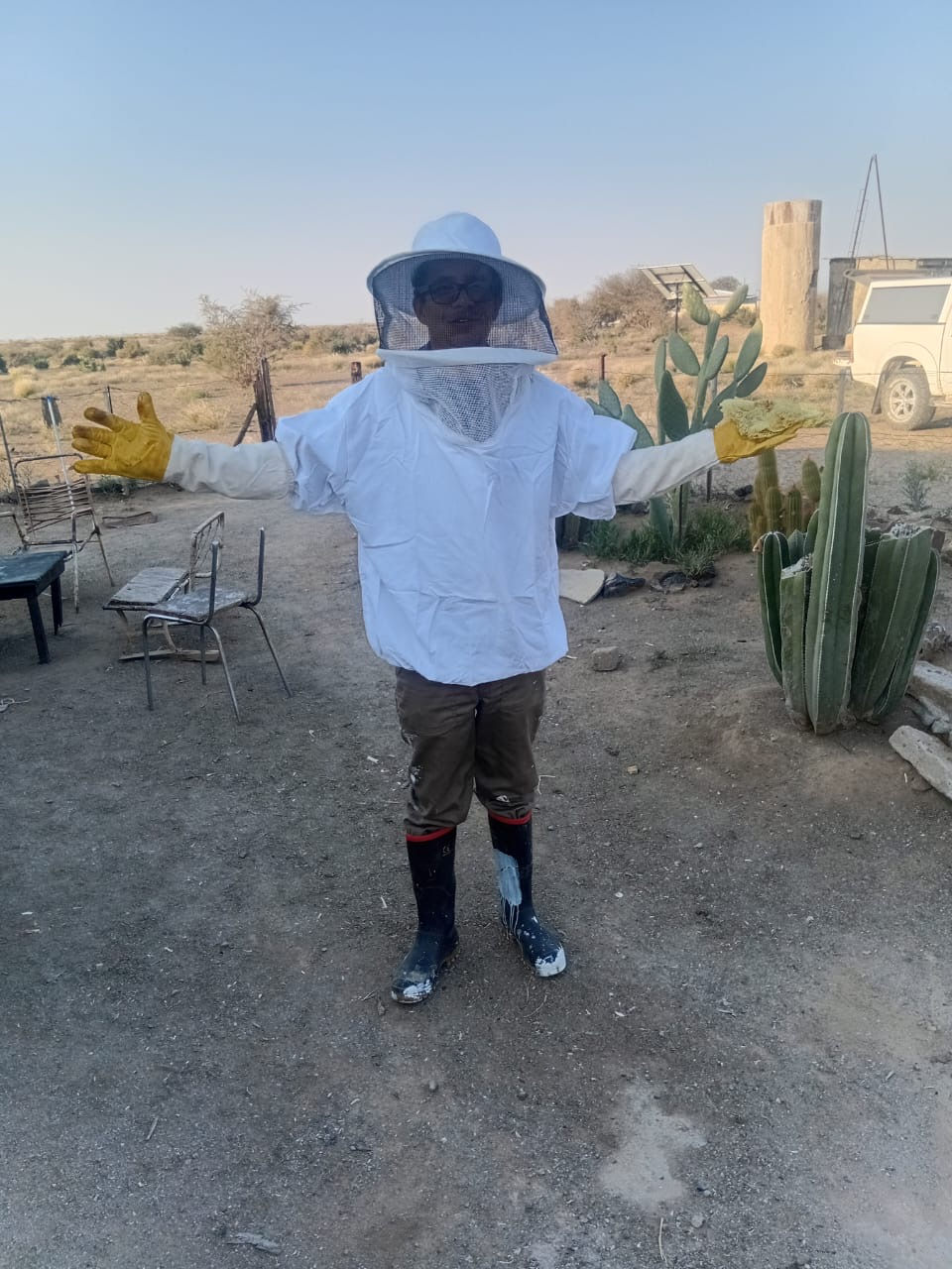 a proud Francois wearing his new bee suit