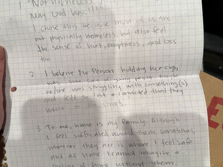 In class Homeless Sign “Home” assignment 