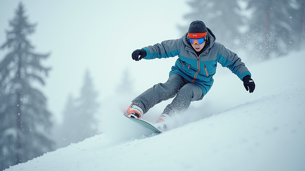 Eye-level view of a snowboarding youth on a snowy slope