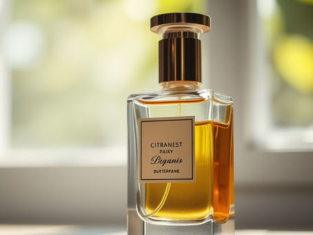 A single perfume bottle in bright natural light with a playful detail.