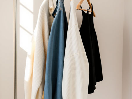 Minimal capsule wardrobe clothing rack representing rebuilding personal style after body changes.