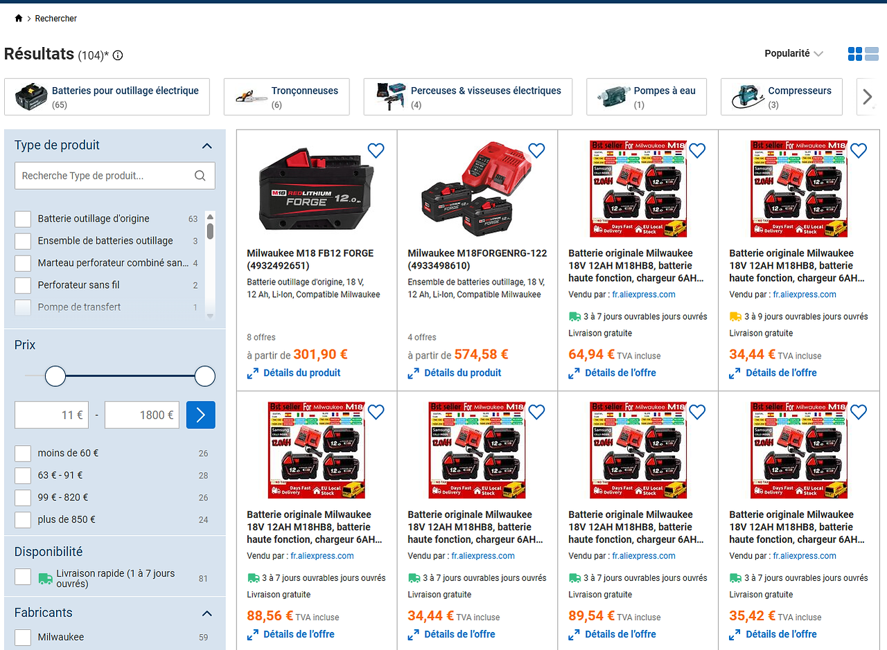 Affichage de copies de batterie officielle sur un comparateur de prix français