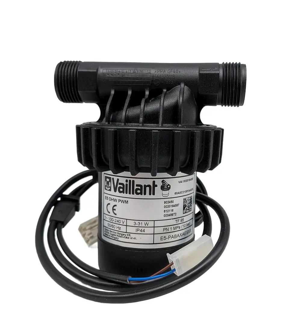 Vue complète sur fond blanc de la pompe de circulation Vaillant 0020038578 pour chaudières VSC FR & S FR.