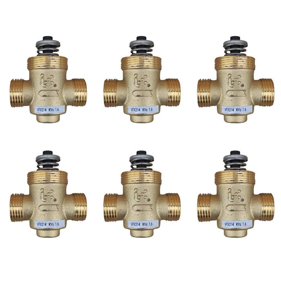 Vue complète sur fond blanc du lot de 6 vannes 2 voies Industrietechnik VFX214 pour chauffage ou refroidissement.