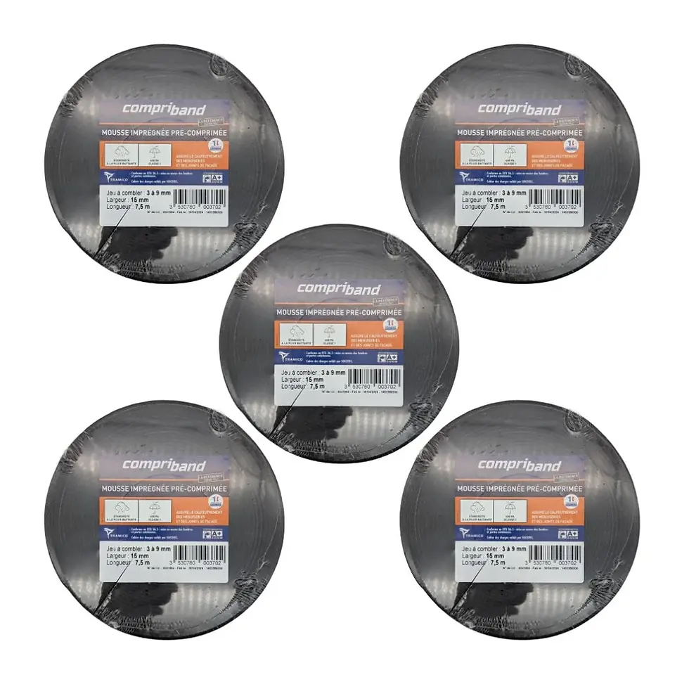 Lot de 5 rouleaux de Compriband 1453580000 15mm x 7.5m Tramico sur fond blanc