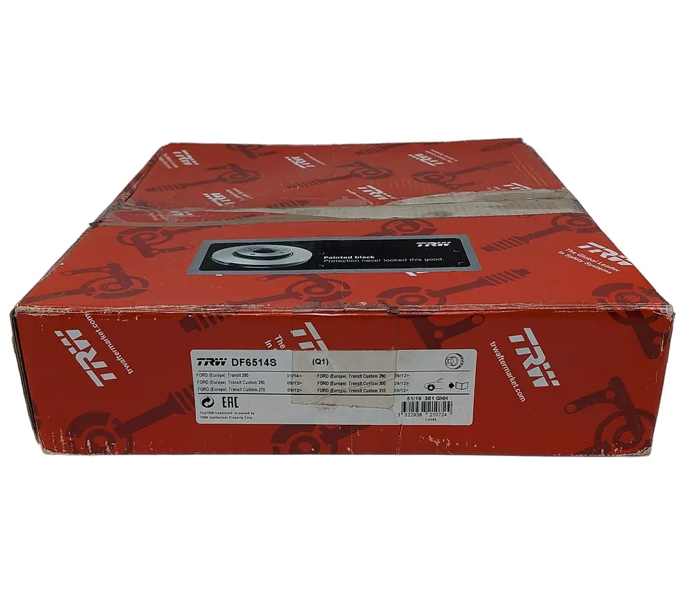 Vue complète sur fond blanc des 2 disques de frein TRW DF6514S pour Ford Transit Mk7 & Custom.