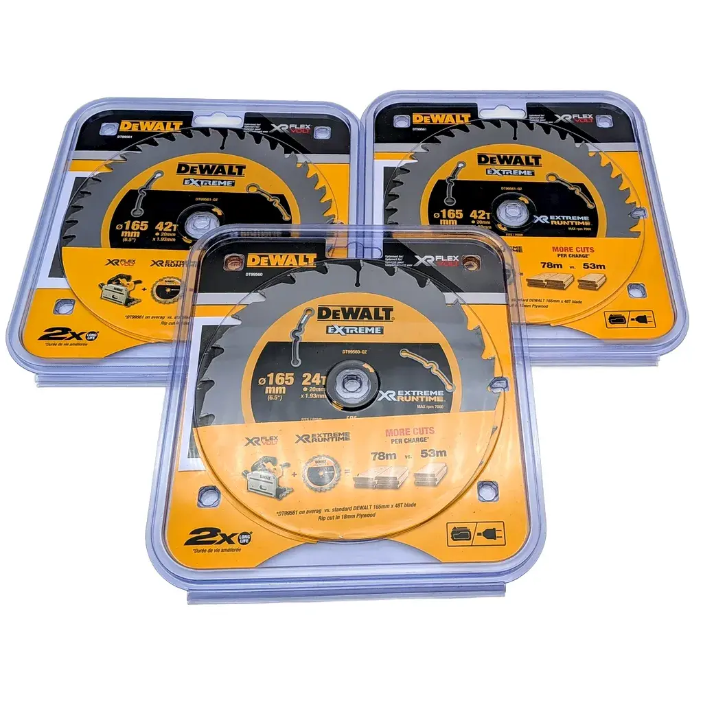 Lot de 3 lames DeWalt XR Runtime 165 x 20 mm 1x DT99560 2x DT99561 sur fond blanc