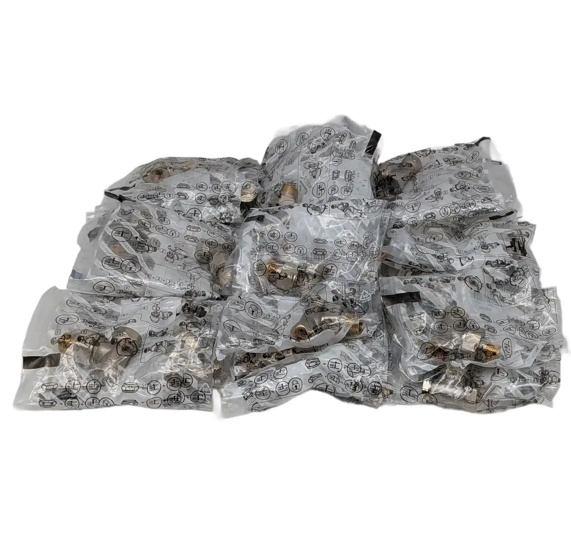 Vue complète sur fond blanc du lot de 45 équerres de réglage nickelé COMAP 428303.