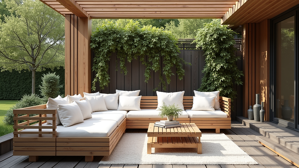 Vue à hauteur d’œil d’un salon de jardin en bois avec coussins blancs sous une pergola moderne