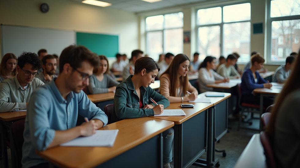 High angle view of a classroom filled with students taking quizzes