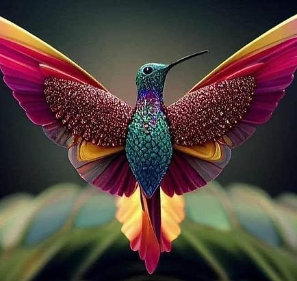 Colourful hummingbird with open wings spread in flight