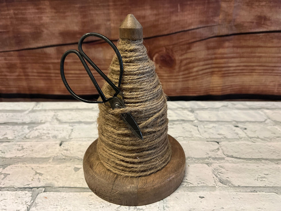Thumbnail: Wooden Spindle Twine Holder with Scissors | Jute Wrapped Cone | Desk Gift