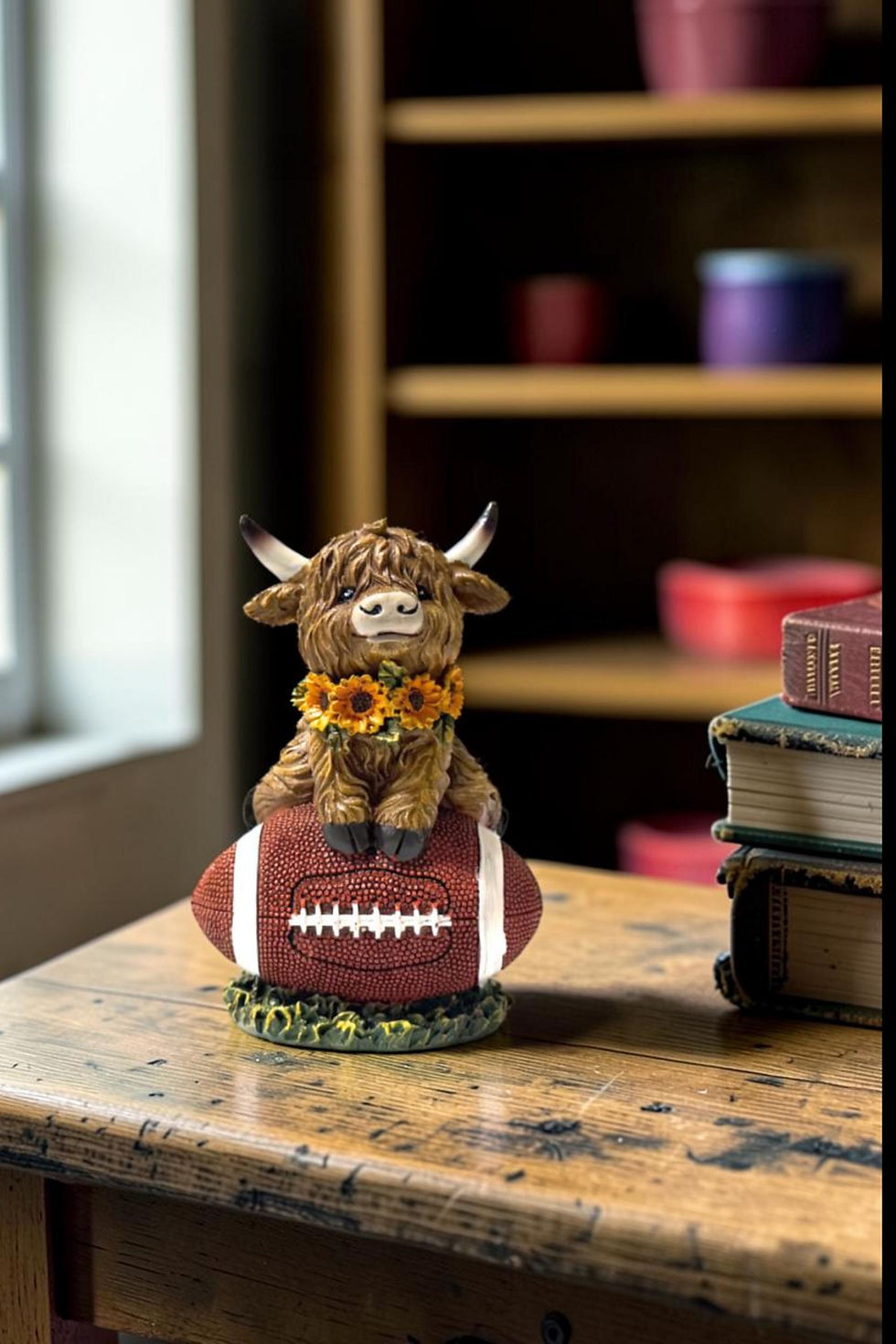 Thumbnail: Highland Cow Sitting on Football Figurine, Farmhouse Fall Harvest Decor