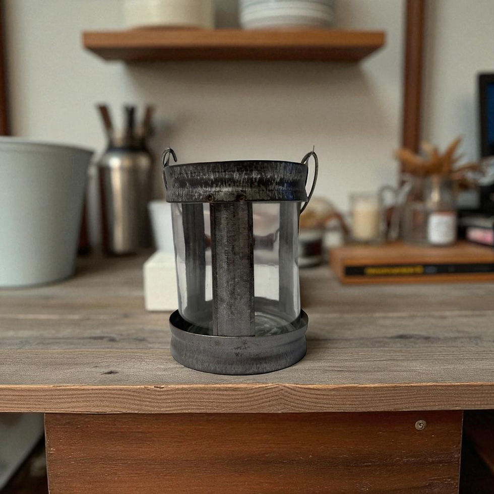 Thumbnail: Small Glass Lantern Vase | Metal Pillar Candle Holder | Rustic Home Decor |