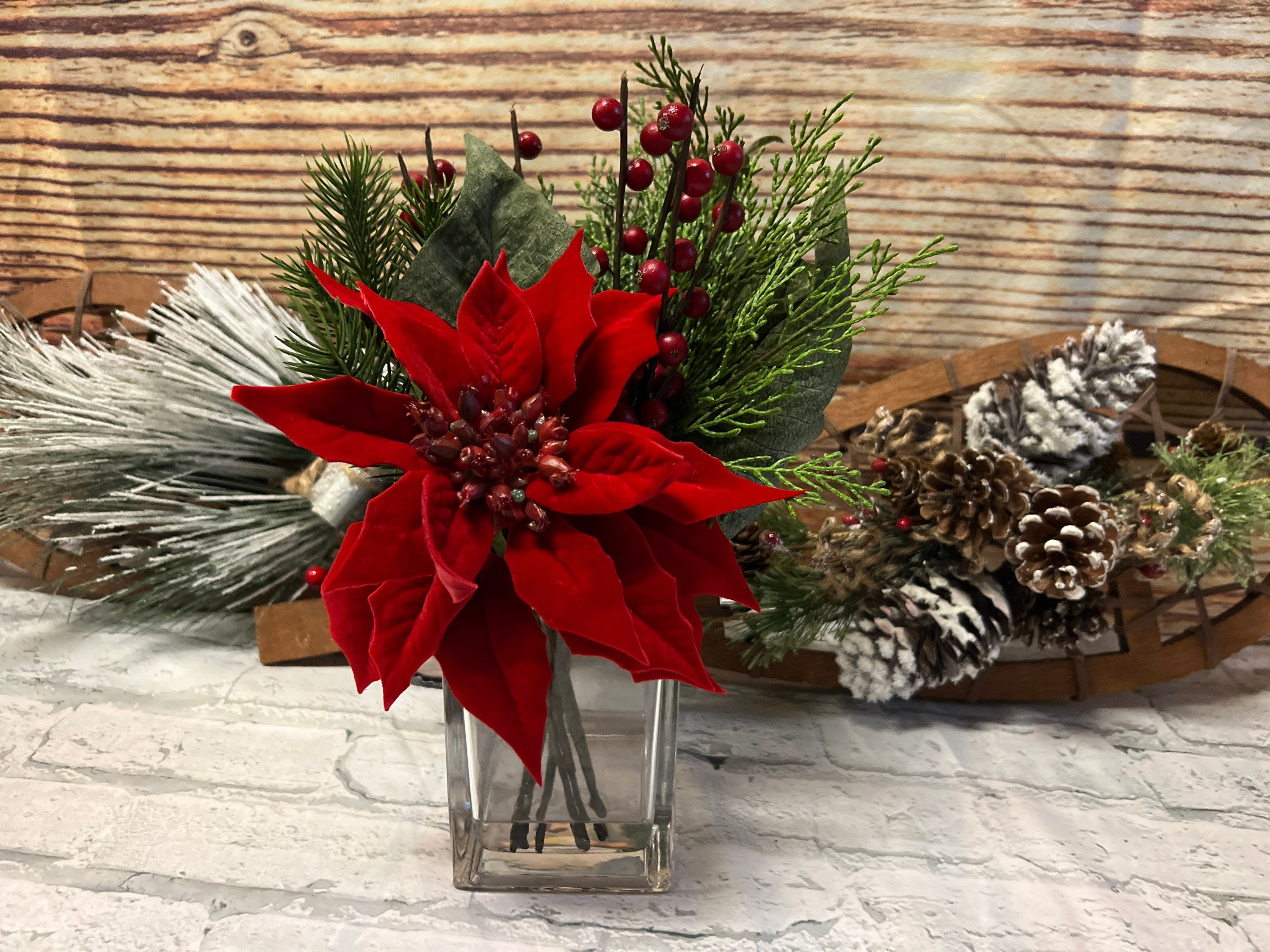 Red Velvet Poinsettia Arrangement in Glass Vase, Faux Pine and Berries
