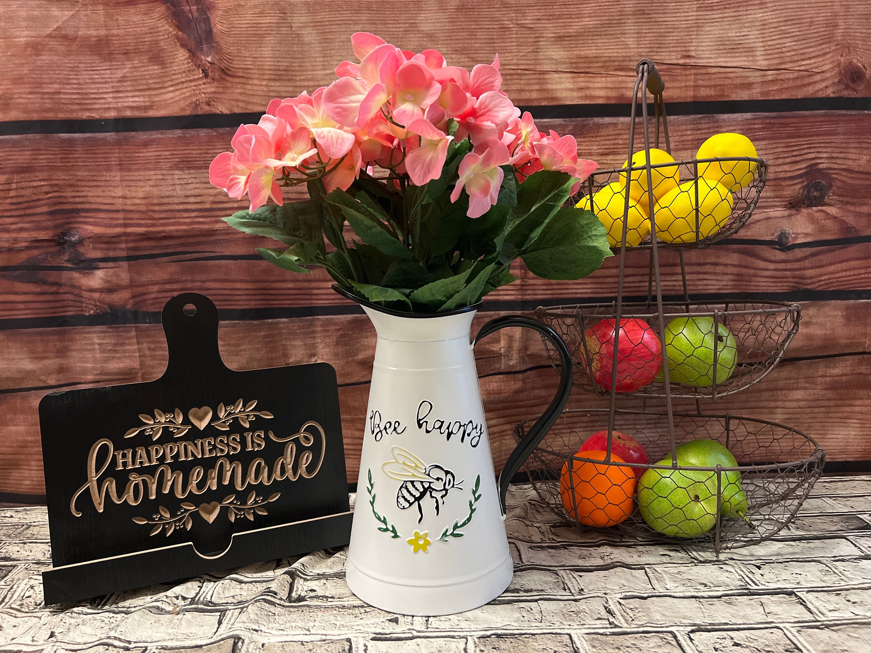 White Metal Vase with Black Rim, Farmhouse Decor, Bee Kitchen Accent