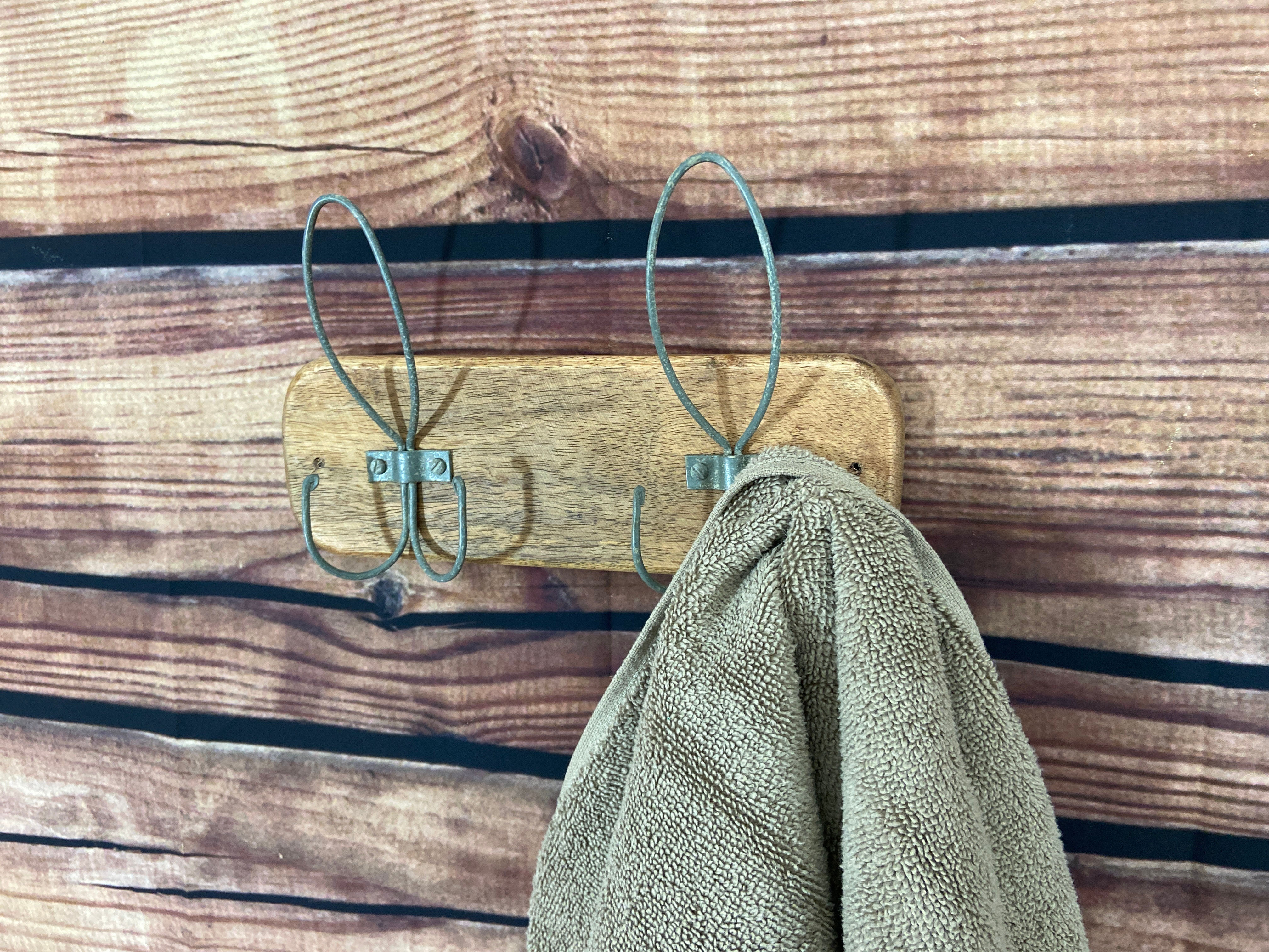 Rustic Wood Wall Hooks, Farmhouse Coat Rack, Vintage-Style Metal Double Hook