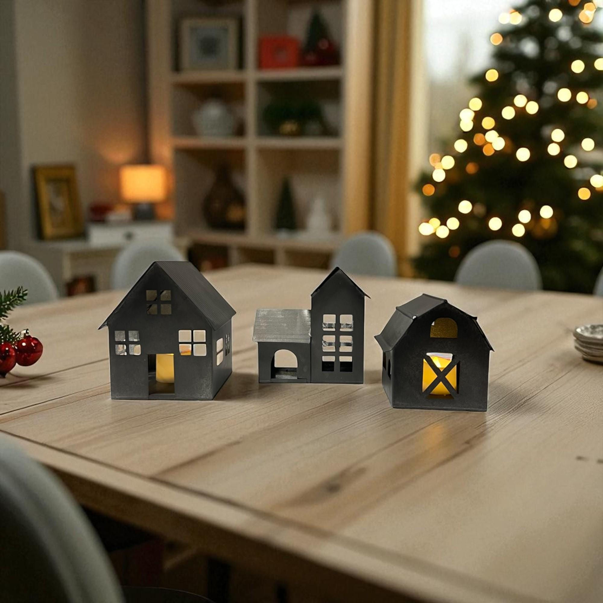 Galvanized Village Luminaries | Metal House Candle Holders | Farmhouse Cottage