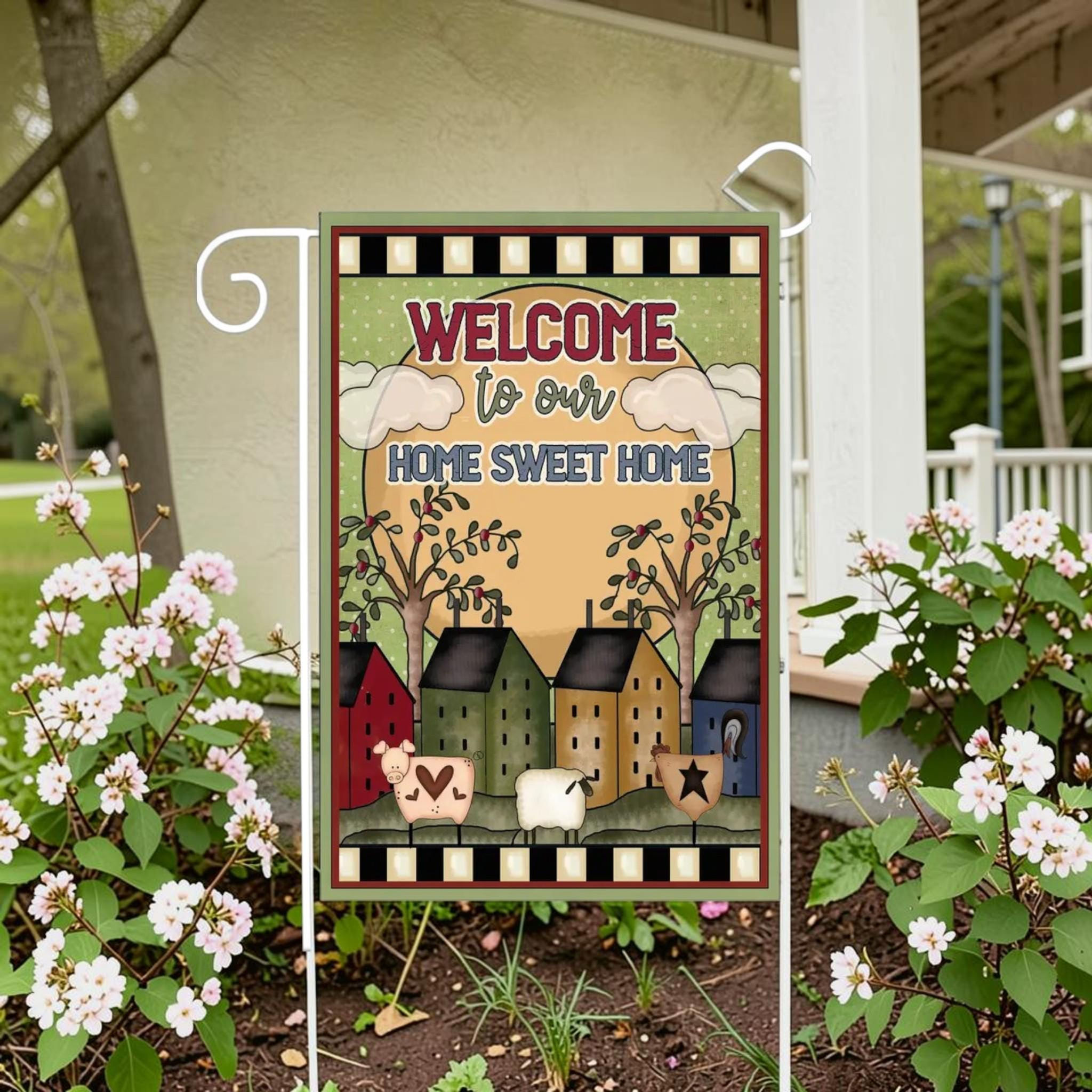 Primitive Folk Art Home Sweet Home Garden Flag | Saltbox Village Yard Decor