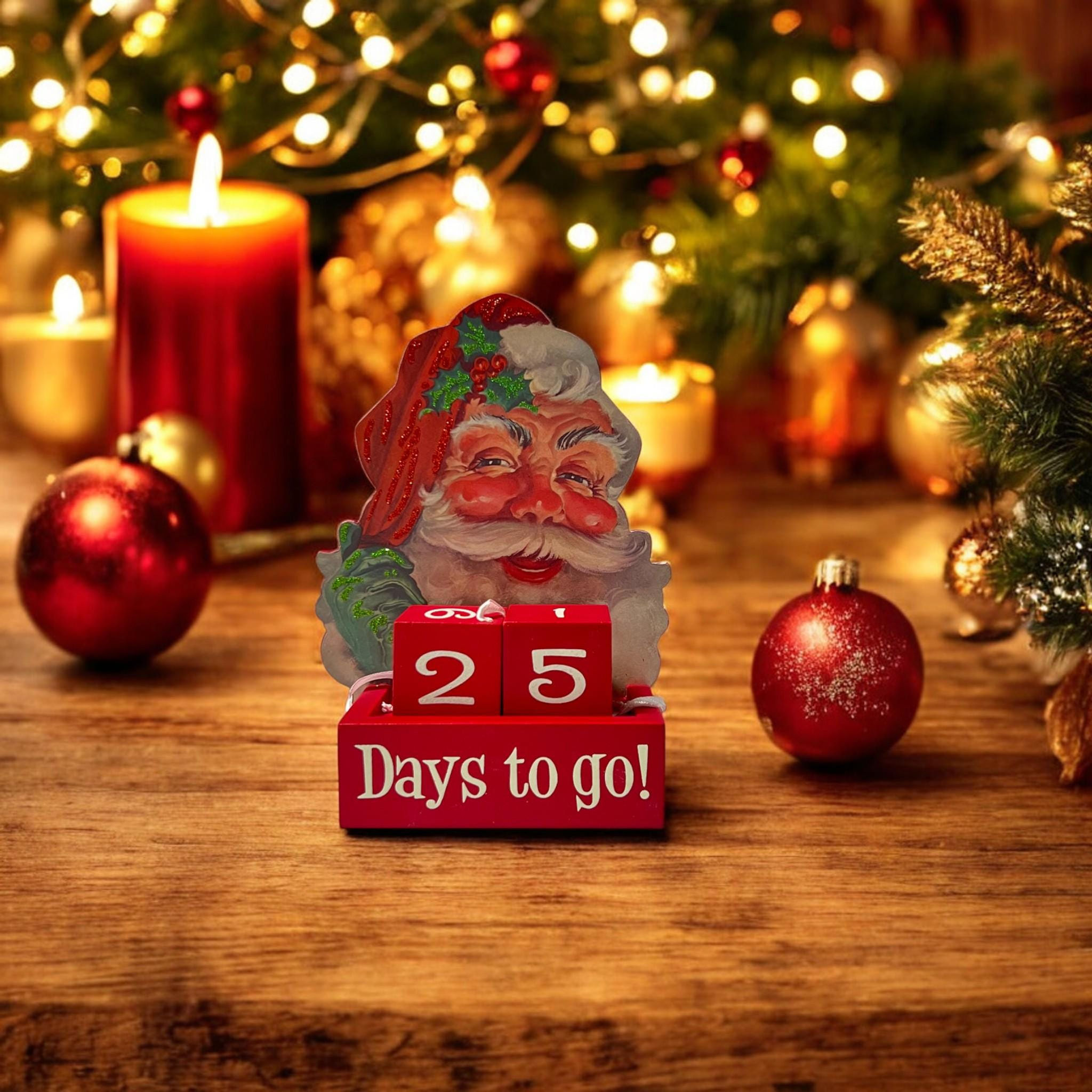 Wooden Christmas Countdown Blocks - Vintage Style Santa Face Display - Holiday