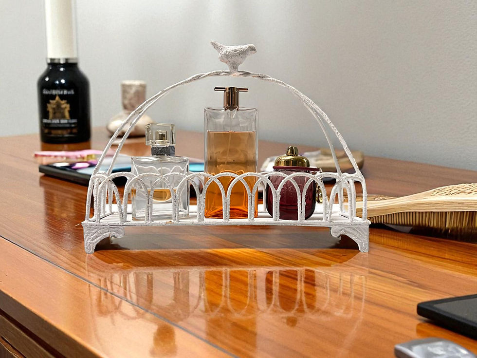 Thumbnail: Vintage Metal Arch Display Stand - White Distressed Tray with Bird Accent