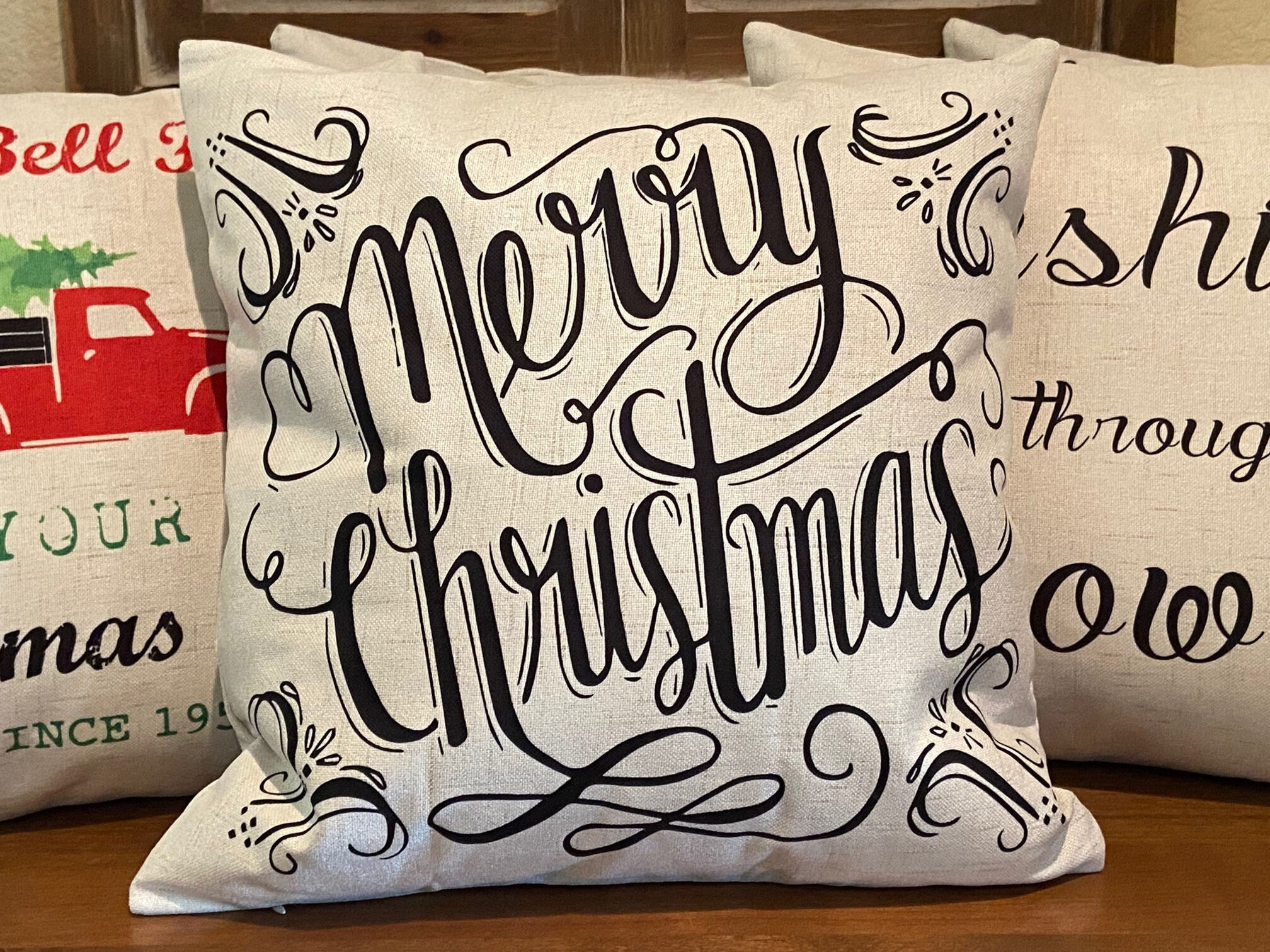 Merry Christmas Script Throw Pillow, Farmhouse Holiday Decor, 18x18 Inch