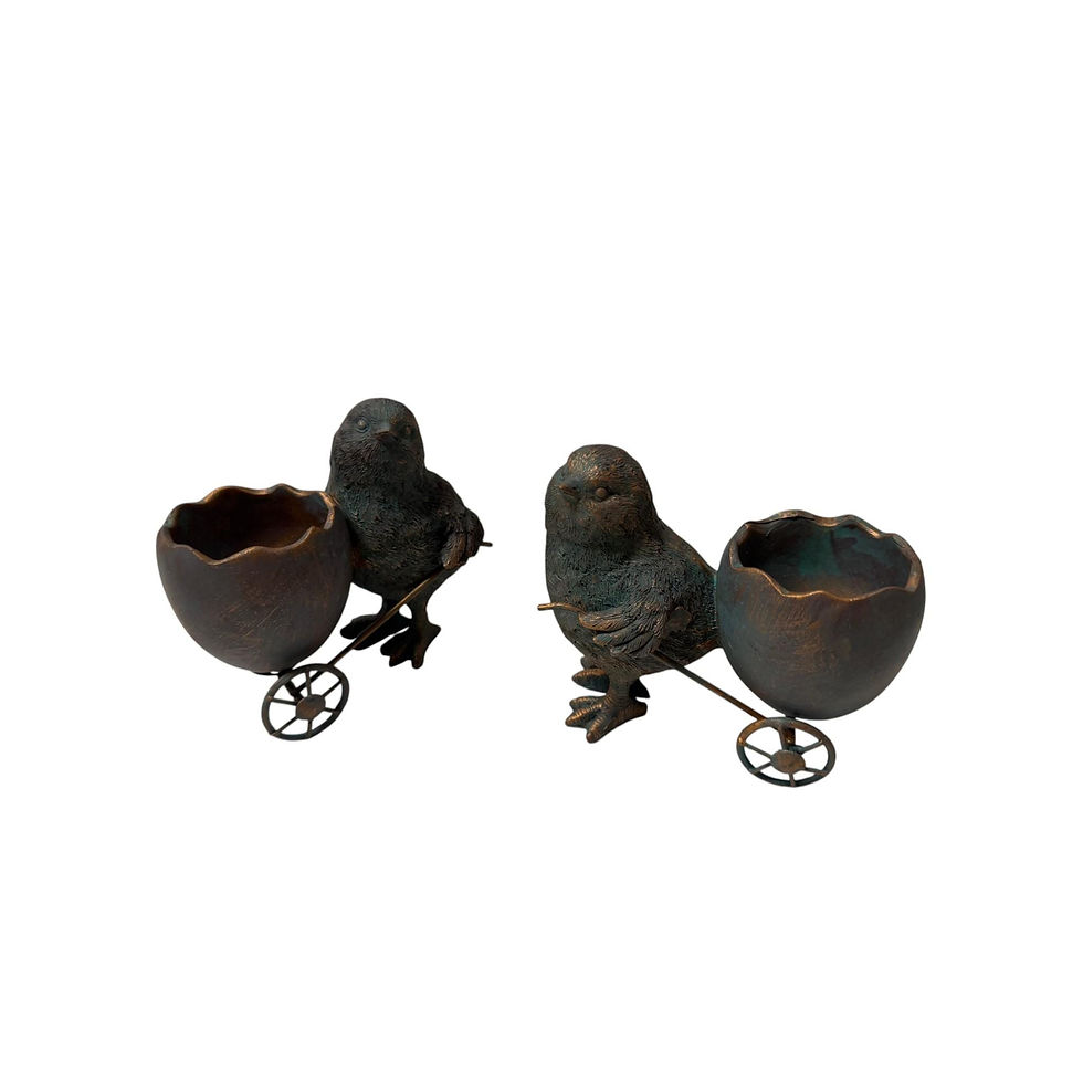 Thumbnail: Resin Chick with Egg Cart | Green Copper Patina Bird Figurine | Farmhouse Easter