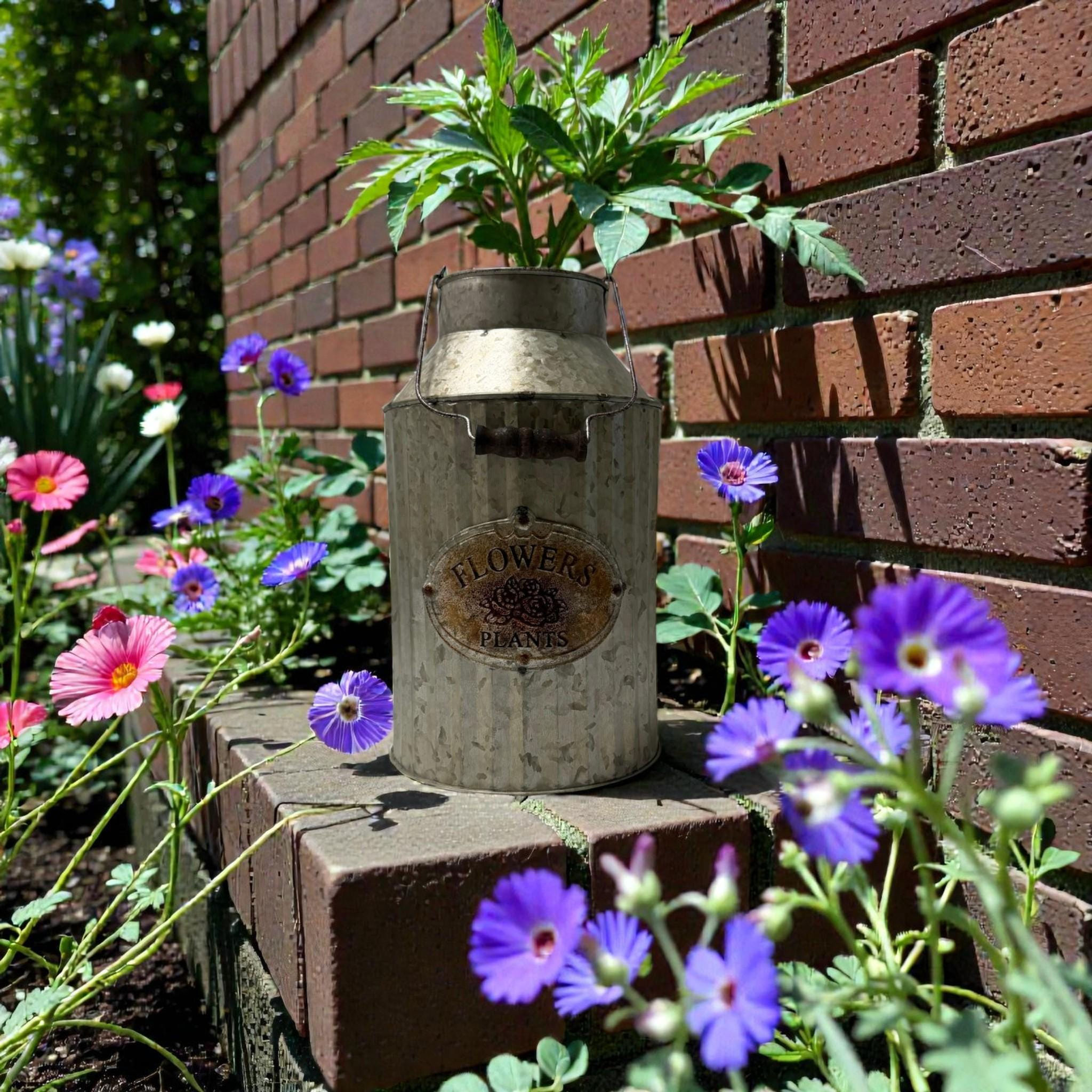 Galvanized Metal Milk Can Vase | Flowers & Plants Badge | Rustic Home Decor