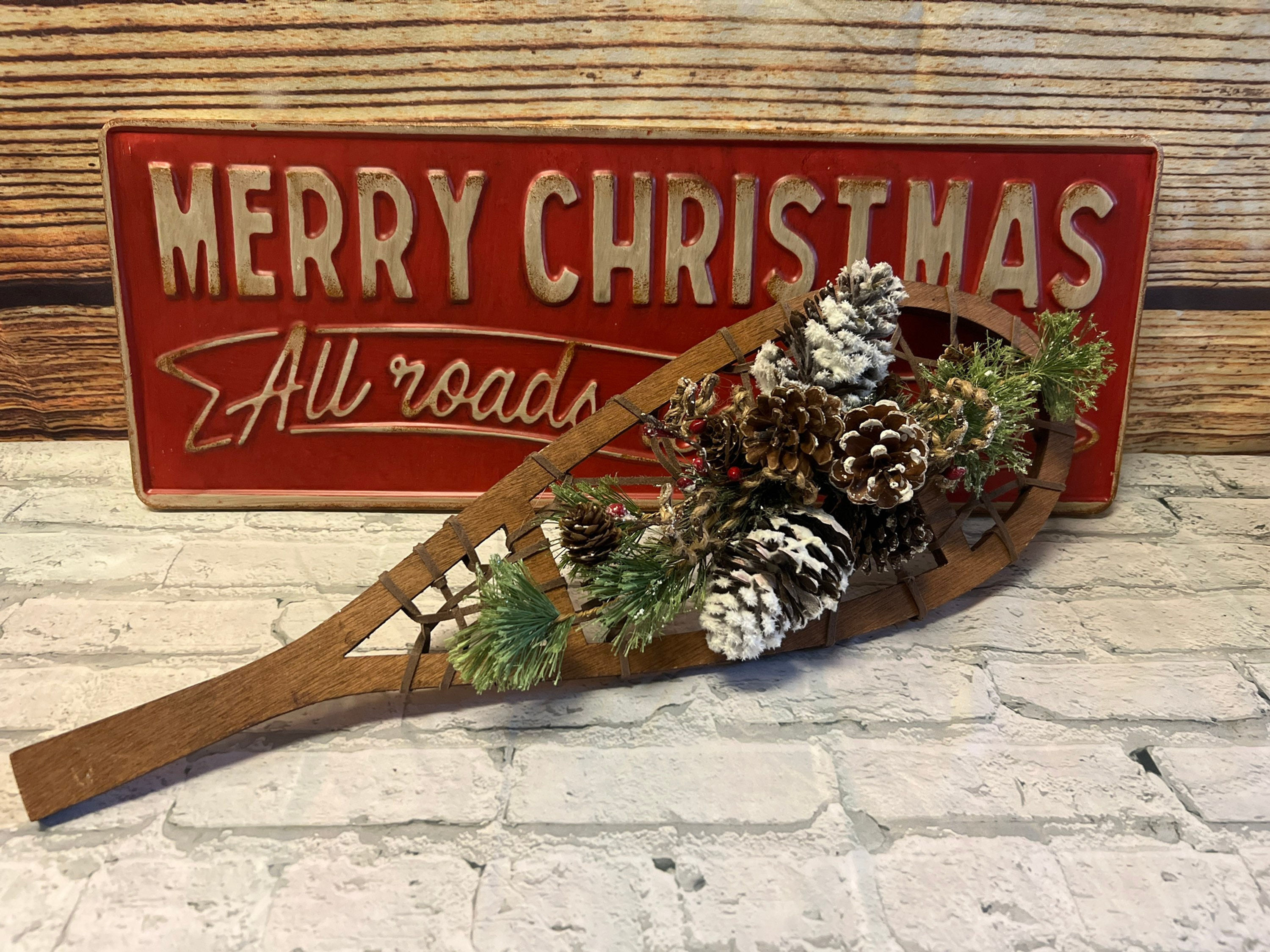 Wood Snowshoe Wall Decor, Christmas Pine and Berry Arrangement, Rustic Cabin