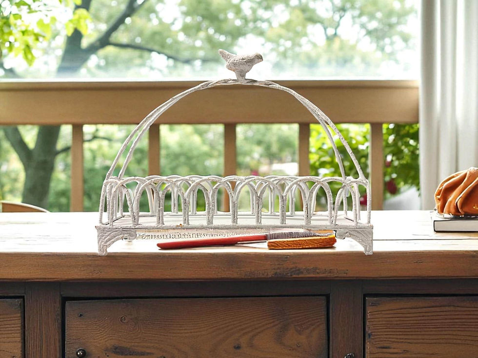 Thumbnail: Vintage Metal Arch Display Stand - White Distressed Tray with Bird Accent