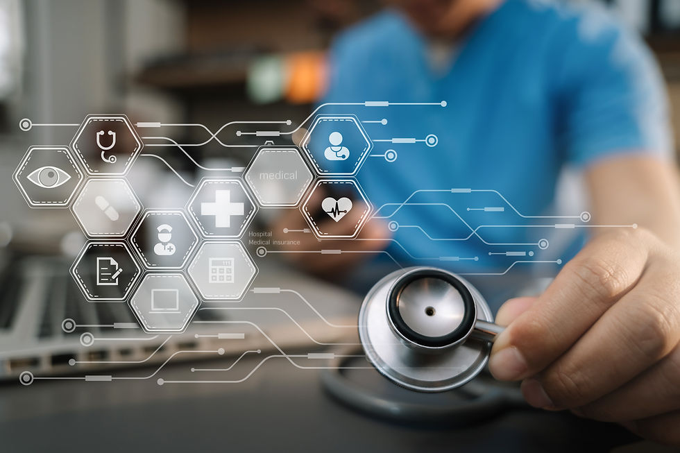 Close up of a stethoscope and digital tablet with virtual electronic medical record of pat