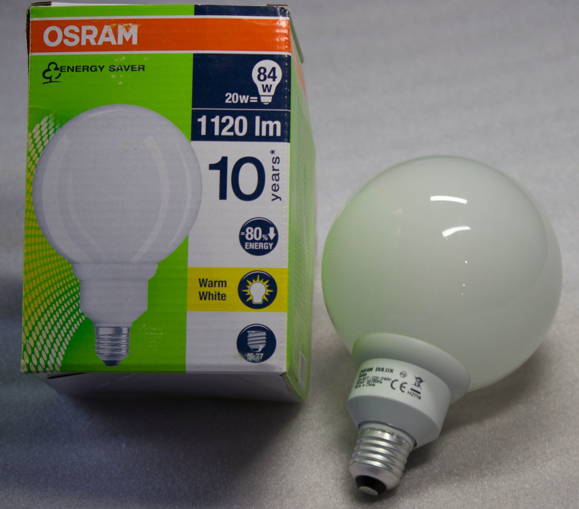 Osram Kugel Globe E27 20W = 84W warm white EEK: G (spectrum A to G)