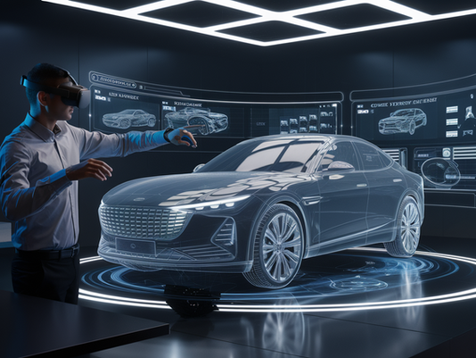 Man with VR headset interacts with a holographic car model in a dark room with digital screens. High-tech setting, futuristic mood.