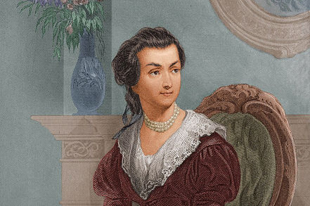 Detail of a painting of Abigail Adams. The complete painting is a three-quarter length portrait of Mrs. Adams seated in front of a fireplace mantel and vase filled with flowers, holding flowers in her right hand, wearing a full dress and pearl necklace. This image shows the top half of the painting.