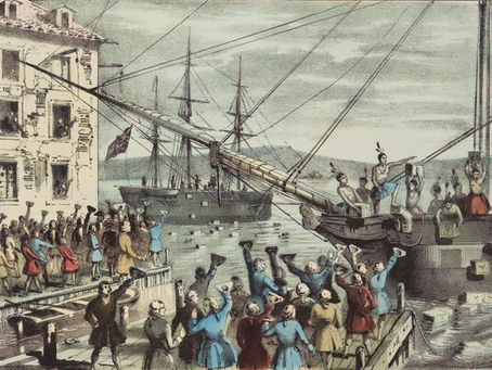 1846 lithograph depicting the Boston Tea Party titled "The Destruction of Tea at Boston Harbor"