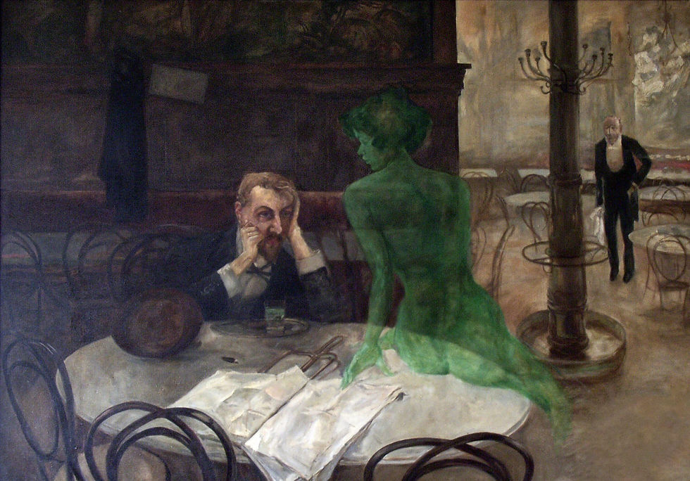 Painting showing a disheveled looking man sitting at a table drinking a glass of absinthe while a transparent green woman or "green fairy" or "muse" sites on the table