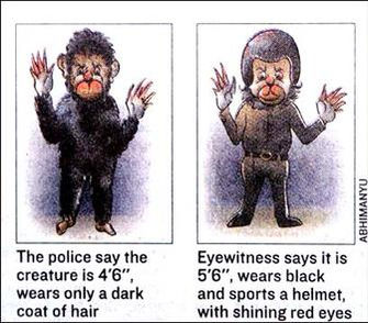 Artist's interpretation of the "monkey man" of New Delhi, India. 

(fair use)