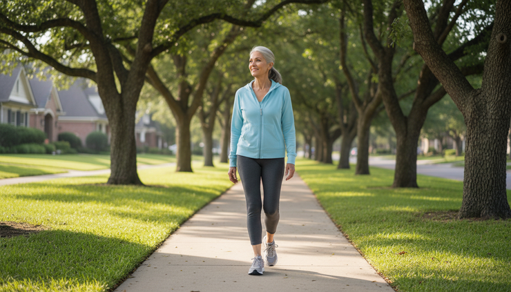 Eye-level view of a woman over 50 walking on a sunny neighborhood path