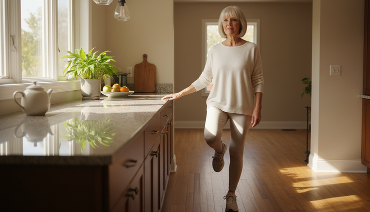 Eye-level view of a woman over 50 practicing balance beside a kitchen counter