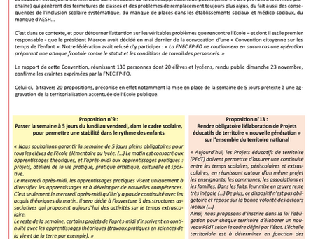 La semaine de 5 jours, les projets Educatifs de territoire c’est NON ! Le SNUDI-FO revendique partout la semaine de 4 jours, sur 36 semaines dans l’année !