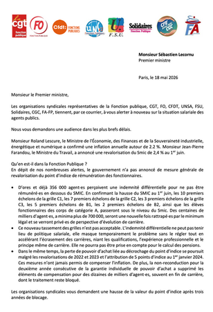 Augmentation des salaires des fonctionnaires nécessaire : courrier intersyndical au Premier Ministre.