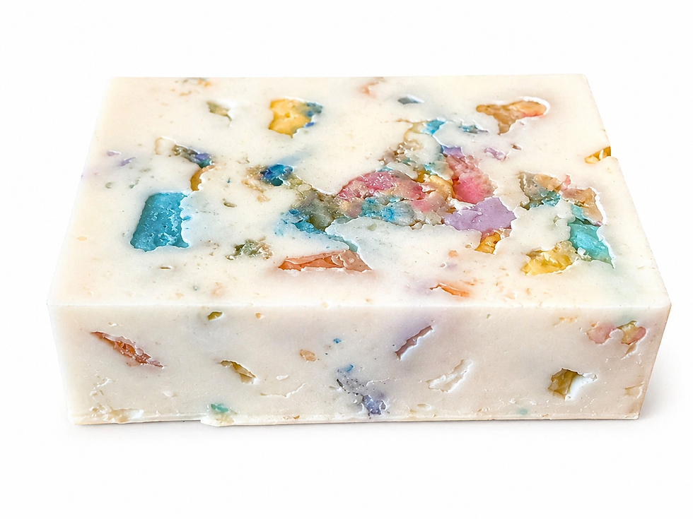 Handmade confetti soap bar with pastel colorful soap pieces in creamy white artisan base