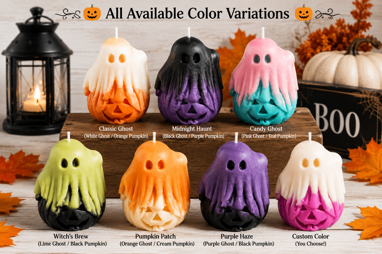 Handmade ghost pumpkin candle perfect for Halloween decorating and spooky season displays.