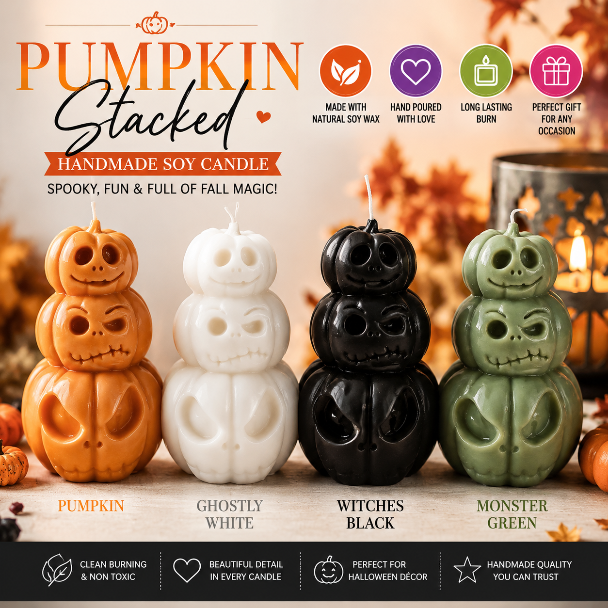 Handmade stacked pumpkin candle with three spooky pumpkin faces.