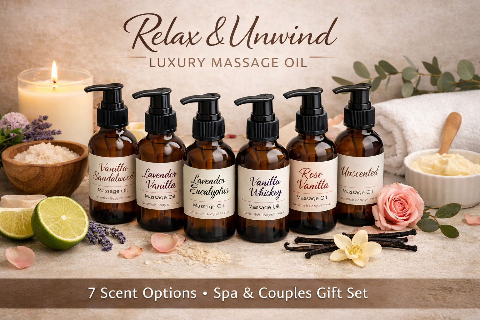Handmade 4 oz massage oil in amber pump bottle for couples massage, body hydration and spa self care.