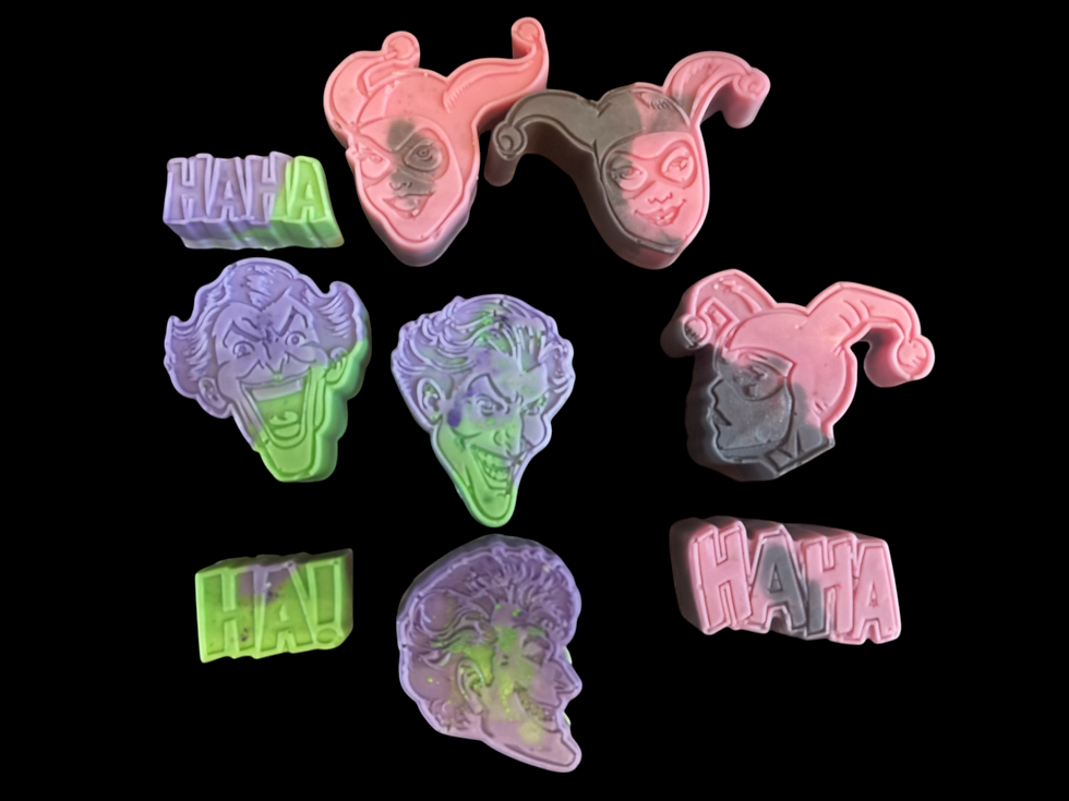 DC inspired Joker Harley soap party favors custom scented mini soaps set of nine